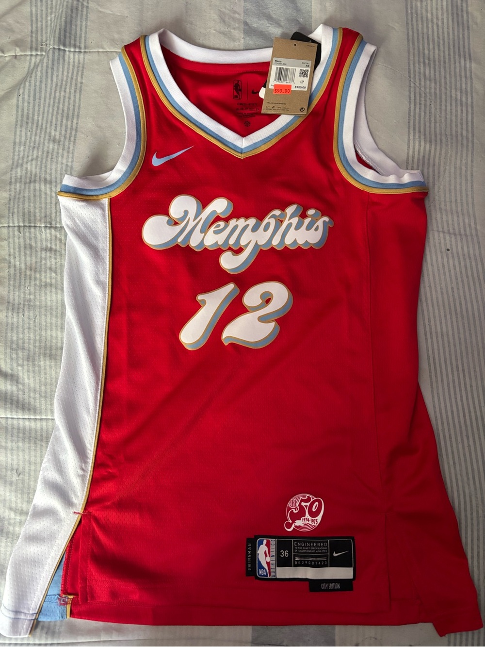 Nike Red Memphis #12 Basketball Jersey with White & Gold Accents